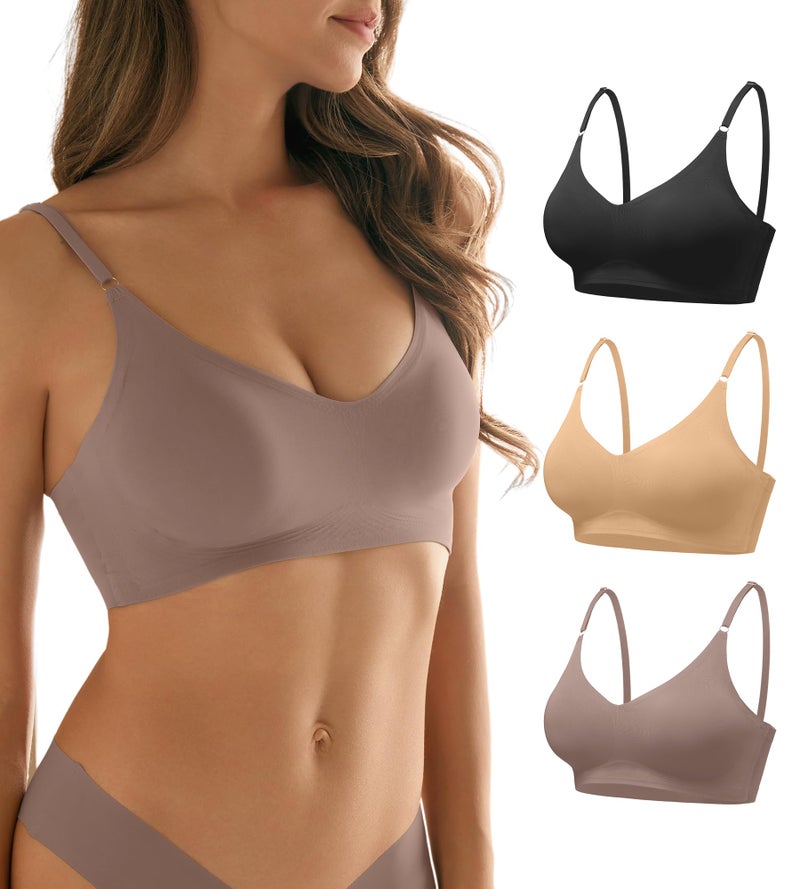 DEANGELMON Seamless Bras for Women V Neck Padded Bra Adjustable Straps Bralettes Everyday Sleeping Bra Multiple Pack(3P16,M) - Image 1