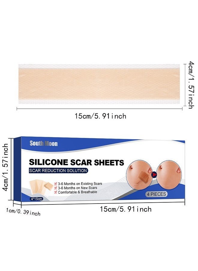 Silicone Scar Sheets—Scar Remover Patch, Silicone Scar Sheets For Scars Stretch Mark Treatment Waterproof, 4 Reusable Sheets, Size 5.9" x 1.6"
