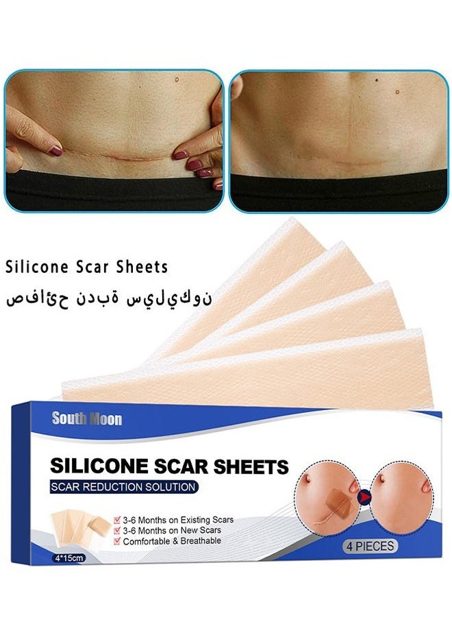Silicone Scar Sheets—Scar Remover Patch, Silicone Scar Sheets For Scars Stretch Mark Treatment Waterproof, 4 Reusable Sheets, Size 5.9" x 1.6"