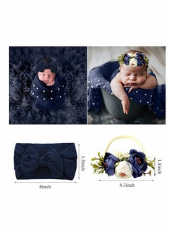 Newborn Photography Props Set, 4 Pcs Baby Long Ripple Wrap and Toddler Swaddle Blankets with Headbands for Infants, Ideal for Studio Photo Sessions (Dark Blue)
