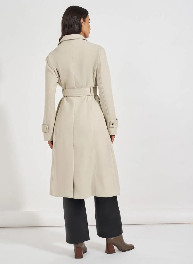 Styli Regular Fit Wool Like Double Breasted Belted Coat