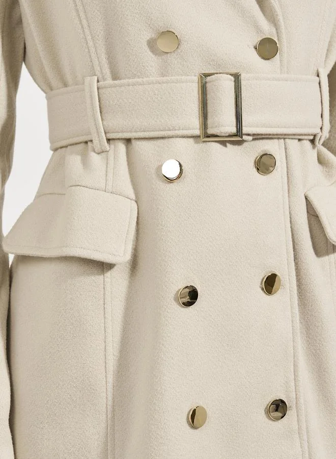 Styli Regular Fit Wool Like Double Breasted Belted Coat