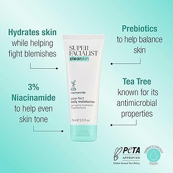 Super Facialist PoreFect Daily Moisturiser Hydrate Control Oil for Acne Treatment Blackhead Remover with 3 Niacinamide Tea Tree Oil Prebiotics Vegan Friendly 75ml - Image 2