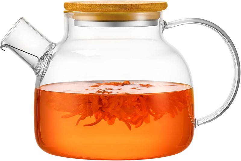 PARACITY Glass Teapot Stovetop 34oz/1000ml, Borosilicate Clear Tea Kettle with Removable 18/8 Stainless Steel Infuser,Glass Tea Kettle with Wooden Lid, Teapot for Loose Leaf Tea Fruit Tea Fragrant Tea - Image 1