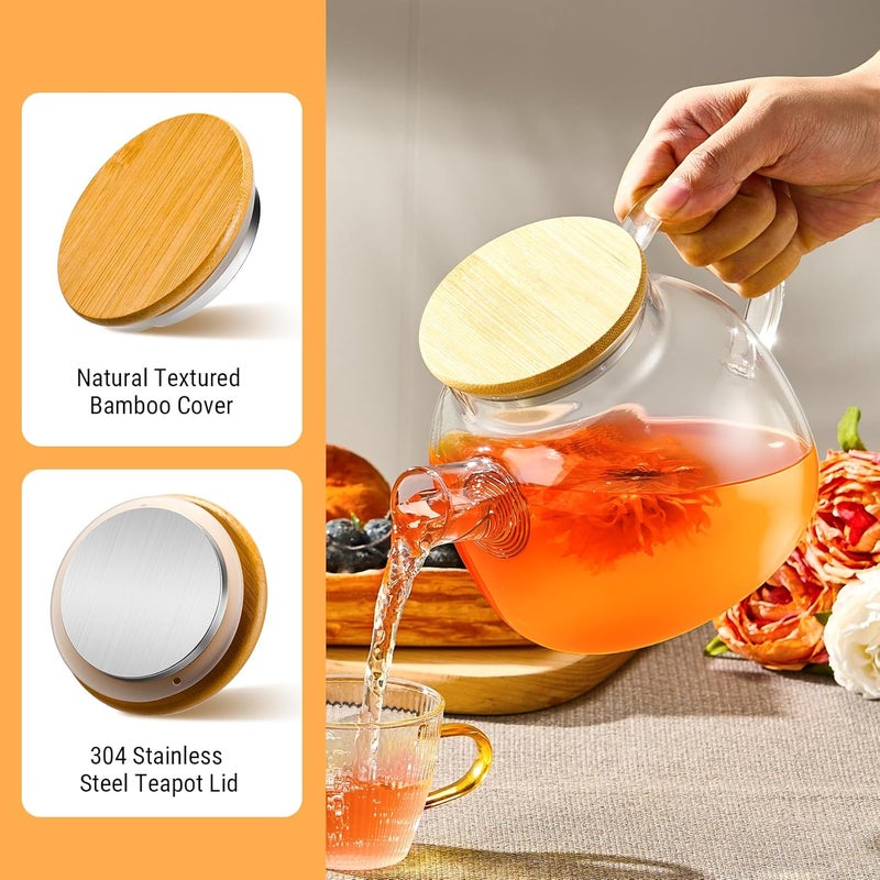 PARACITY Glass Teapot Stovetop 34oz/1000ml, Borosilicate Clear Tea Kettle with Removable 18/8 Stainless Steel Infuser,Glass Tea Kettle with Wooden Lid, Teapot for Loose Leaf Tea Fruit Tea Fragrant Tea - Image 4