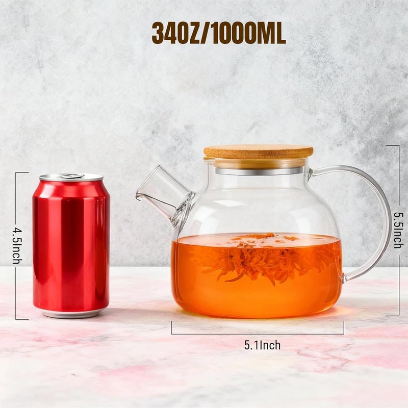PARACITY Glass Teapot Stovetop 34oz/1000ml, Borosilicate Clear Tea Kettle with Removable 18/8 Stainless Steel Infuser,Glass Tea Kettle with Wooden Lid, Teapot for Loose Leaf Tea Fruit Tea Fragrant Tea - Image 2
