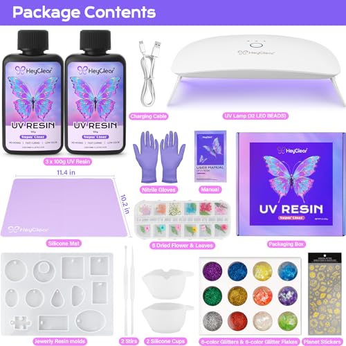 HeyClear UV Resin Kit 200g with Upgraded Large UV Light, Molds and Casting Tools -Super Clear, Hard, Premixed and Fast Curing UV Glue for Coating, Jewelry Making, DIY Craft Decorations - Image 3