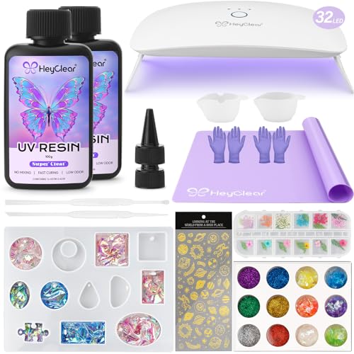 HeyClear UV Resin Kit 200g with Upgraded Large UV Light, Molds and Casting Tools -Super Clear, Hard, Premixed and Fast Curing UV Glue for Coating, Jewelry Making, DIY Craft Decorations - Image 1
