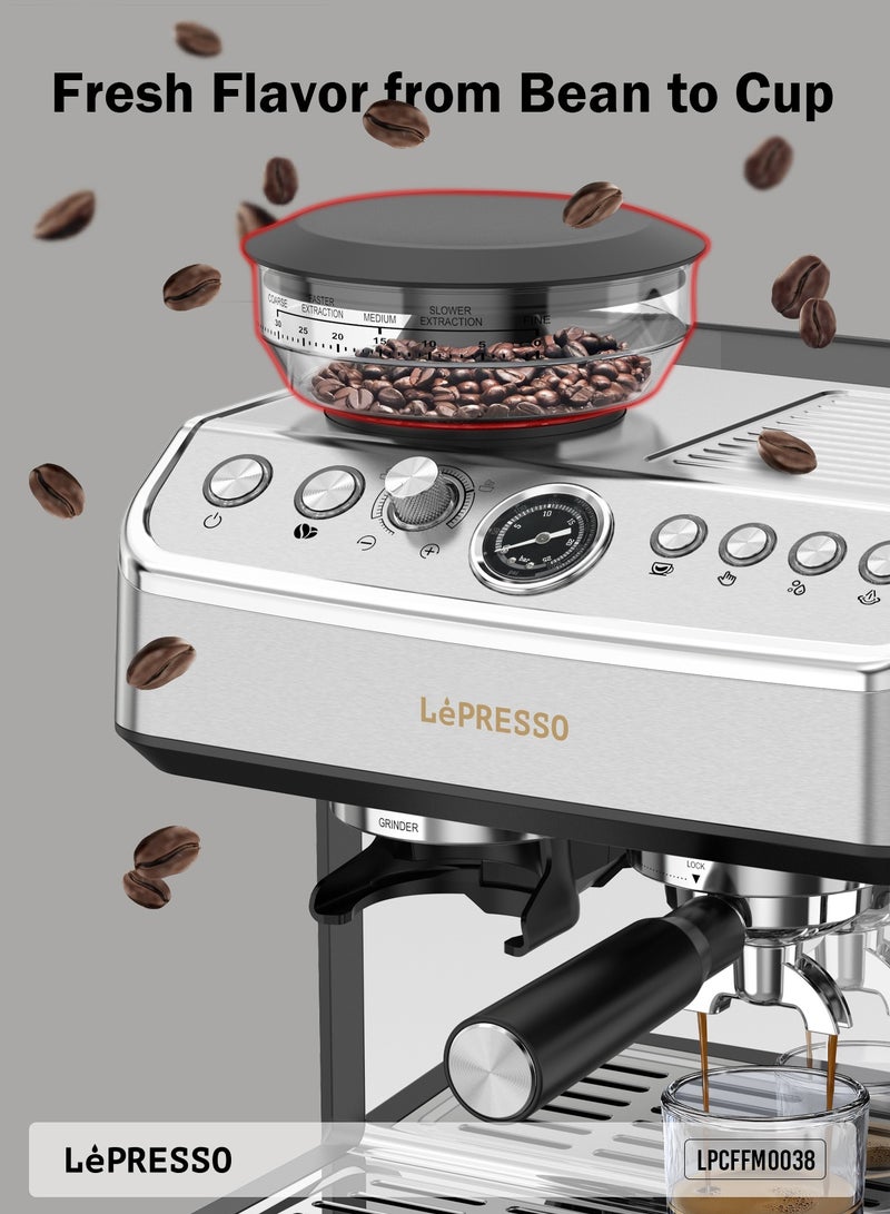 ليبرسو ماكينة قهوة مزدوجة الغلاية مع مطحنة مخروطية قابلة للتعديل وبخار 20 بار / ماكينة صنع الإسبريسو مع خافق الحليب / ماكينة صنع القهوة بإيقاف التشغيل التلقائي / موزع الماء الساخن / ماكينة صنع الإسبريسو / سعة خزان المياه - فضي - Image 4