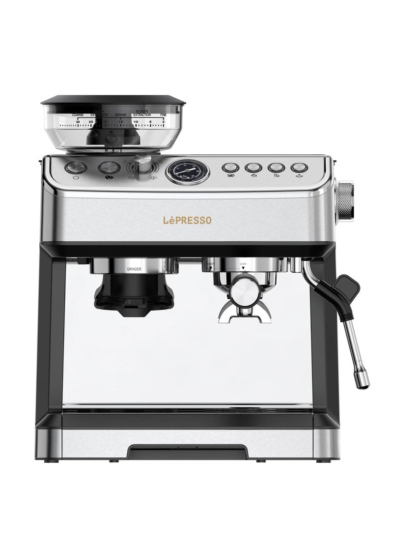 ليبرسو ماكينة قهوة مزدوجة الغلاية مع مطحنة مخروطية قابلة للتعديل وبخار 20 بار / ماكينة صنع الإسبريسو مع خافق الحليب / ماكينة صنع القهوة بإيقاف التشغيل التلقائي / موزع الماء الساخن / ماكينة صنع الإسبريسو / سعة خزان المياه - فضي - Image 1