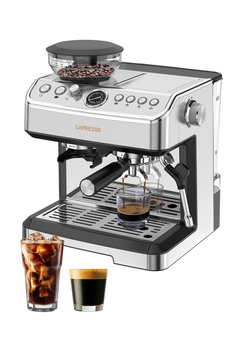 LePRESSO Dual Boiler Coffee Machine with Conical Adjustable Grinder and Steamer 20 Bar/ Espresso Maker with Milk Frother / Automatic Shutdown Coffee Maker / Hot Water Dispenser Espresso Maker / Water Tank Capacity - Silver - Image 1