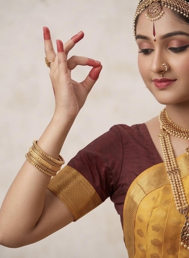 NATYAM Kuchipudi Dance Costume | Imitation Pattu Silk Classical Dress for Girls & Women | Stage Performance Wear (Golden Yellow & Maroon with Gold Accents, 36) - Image 3