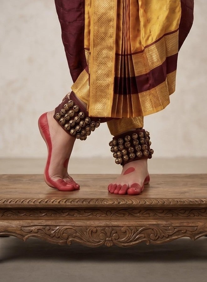 NATYAM Kuchipudi Dance Costume | Imitation Pattu Silk Classical Dress for Girls & Women | Stage Performance Wear (Golden Yellow & Maroon with Gold Accents, 36) - Image 2