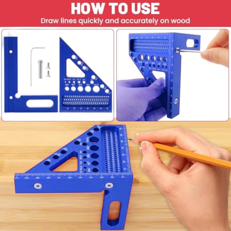 مربع النجار متعدد الزوايا ثلاثي الأبعاد من سبائك الألومنيوم الأزرق، مسطرة قياس دقيقة لأعمال النجارة والهوايات DIY - Image 3