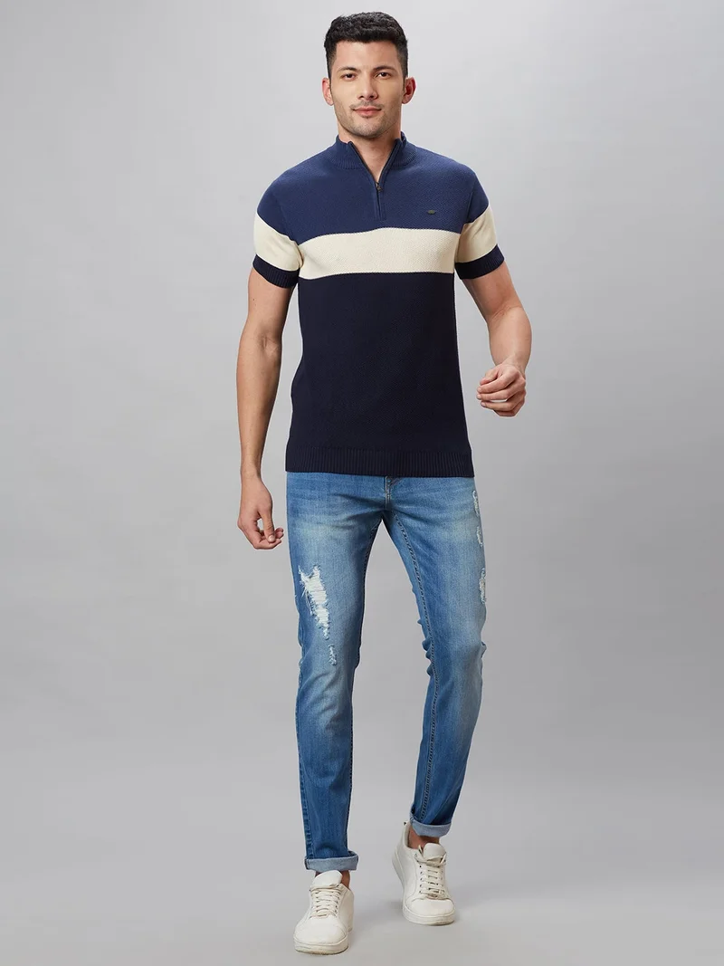 globus Globus Men Navy Blue Colourblocked Cotton High Neck Regular Fit T-shirt