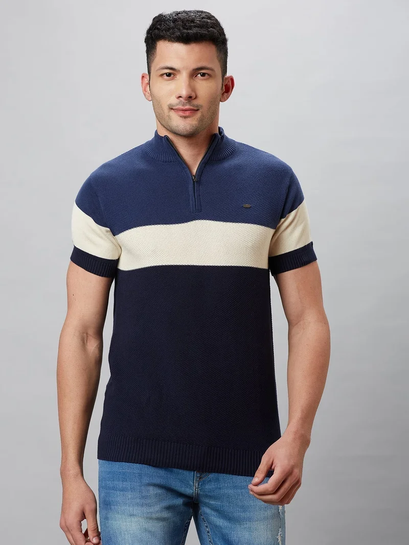 globus Globus Men Navy Blue Colourblocked Cotton High Neck Regular Fit T-shirt