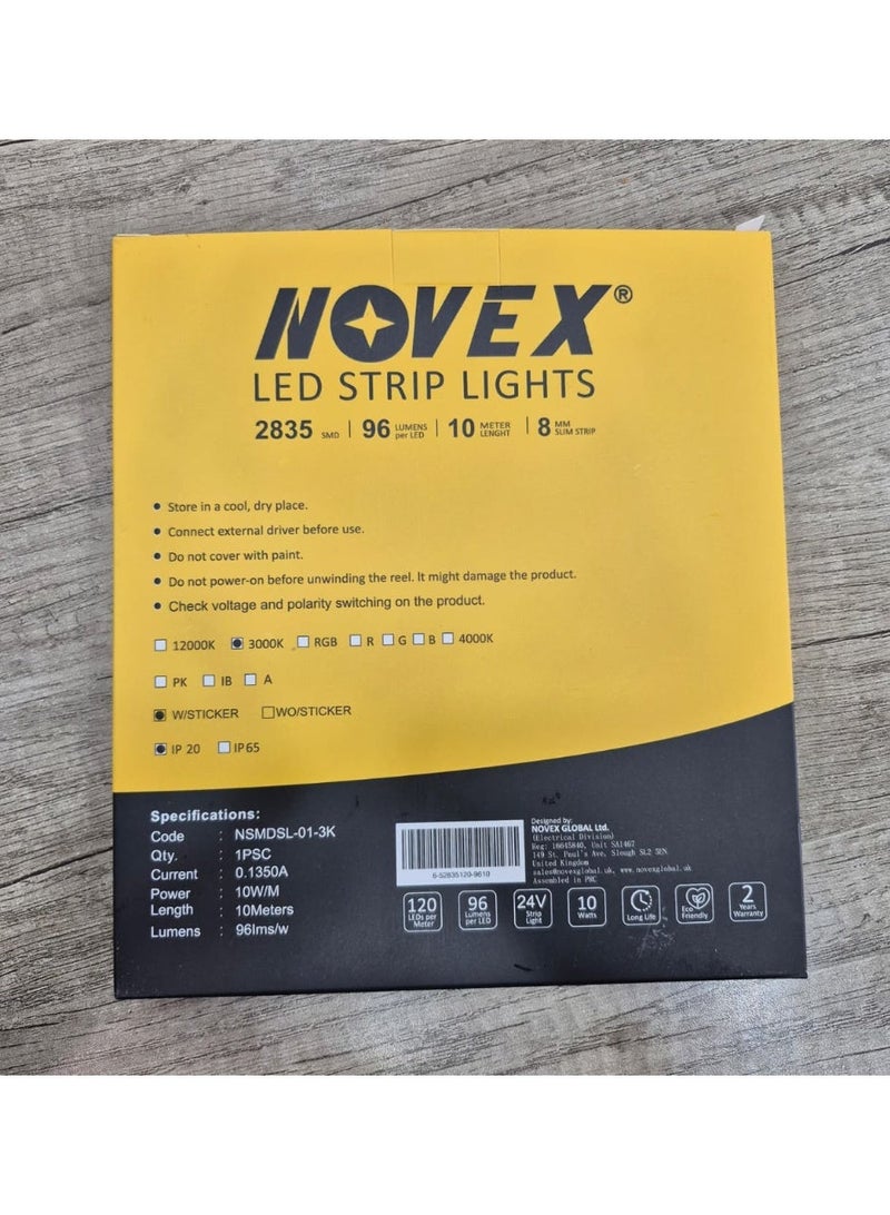 NOVEX 10M LED Strip Light 2835 SMD 24V Warm White 3000K 120 LEDs/M 10W/M 8mm Slim IP20 – NSMDSL-01-3K - Image 3