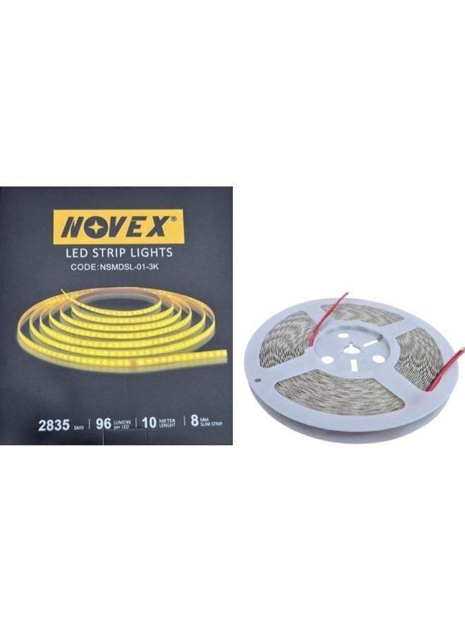 NOVEX 10M LED Strip Light 2835 SMD 24V Warm White 3000K 120 LEDs/M 10W/M 8mm Slim IP20 – NSMDSL-01-3K - Image 1