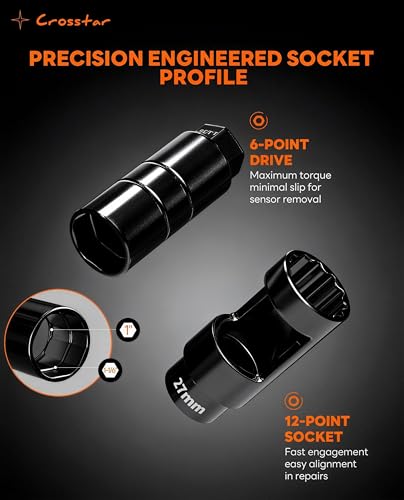 Crosstar 12Pcs Professional O2 Sensor Socket & Thread Chaser Set | 22mm(7/8"), 27mm, 1-1/16" Sockets | 1/2" & 3/8" Drive Oxygen Sensor Removal Tool for Oil Pressure, Vacuum, Thermal Sensors - Image 3