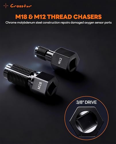 Crosstar 12Pcs Professional O2 Sensor Socket & Thread Chaser Set | 22mm(7/8"), 27mm, 1-1/16" Sockets | 1/2" & 3/8" Drive Oxygen Sensor Removal Tool for Oil Pressure, Vacuum, Thermal Sensors - Image 4