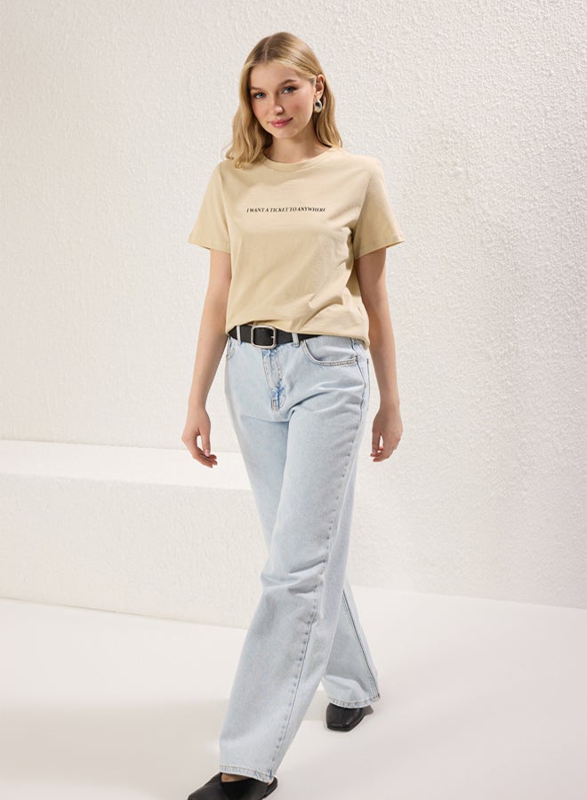 trendyol stone 100% Cotton Slogan Printed Relaxed/Comfortable Cut Basic Crew Neck Knitted T-Shirt - Image 4