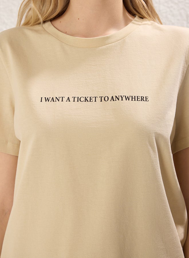 trendyol stone 100% Cotton Slogan Printed Relaxed/Comfortable Cut Basic Crew Neck Knitted T-Shirt - Image 5