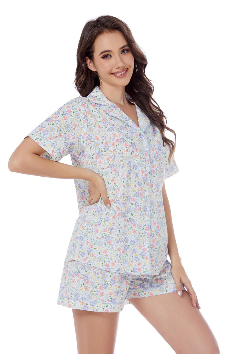 LUBOT 100% Cotton Women's Pajamas Set Button-Down Two-piece PJ Set Short Sleeve Printed Patterned Summer Sleepwear Loungewear (Spring Garden, M) - Image 4