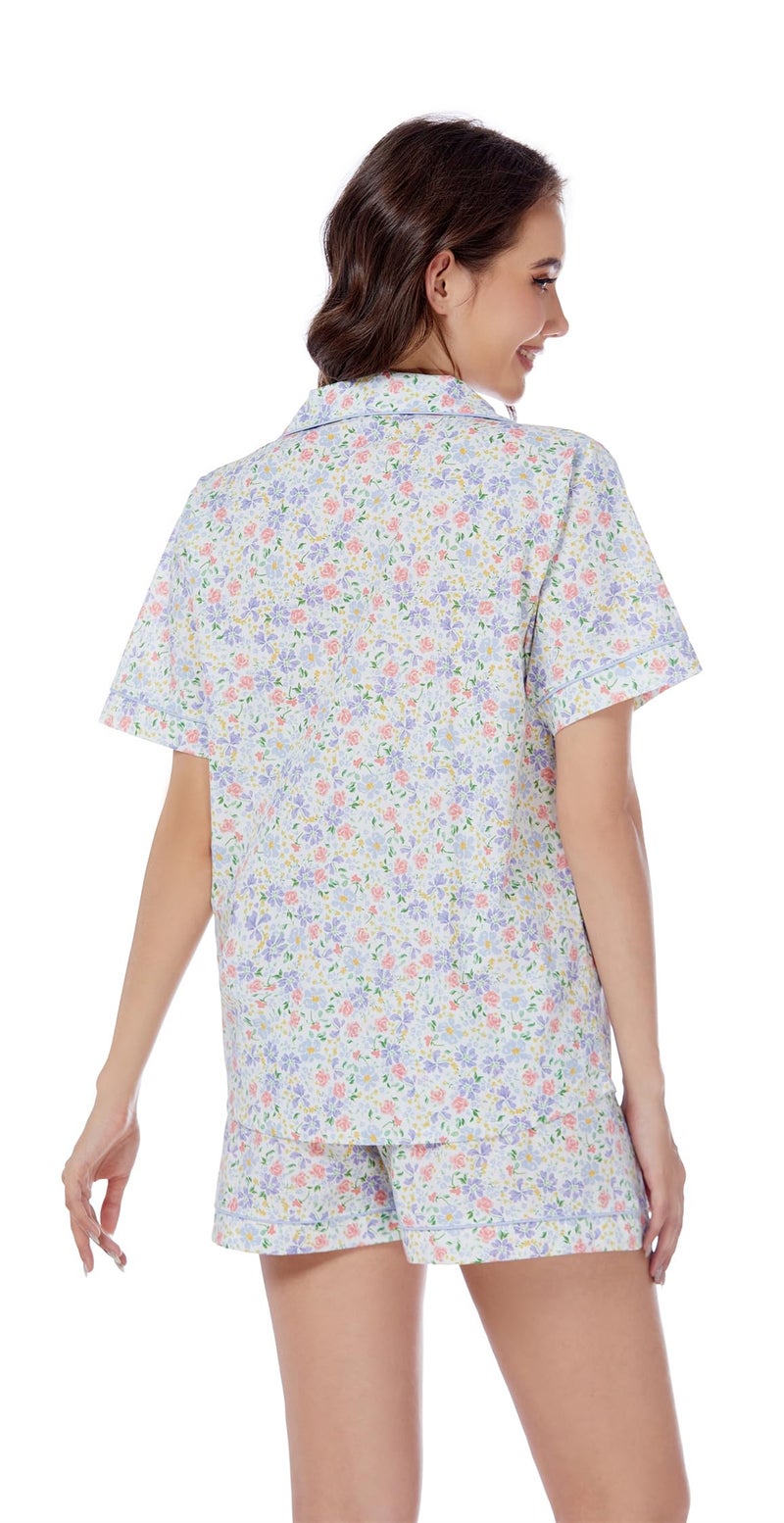 LUBOT 100% Cotton Women's Pajamas Set Button-Down Two-piece PJ Set Short Sleeve Printed Patterned Summer Sleepwear Loungewear (Spring Garden, M) - Image 5