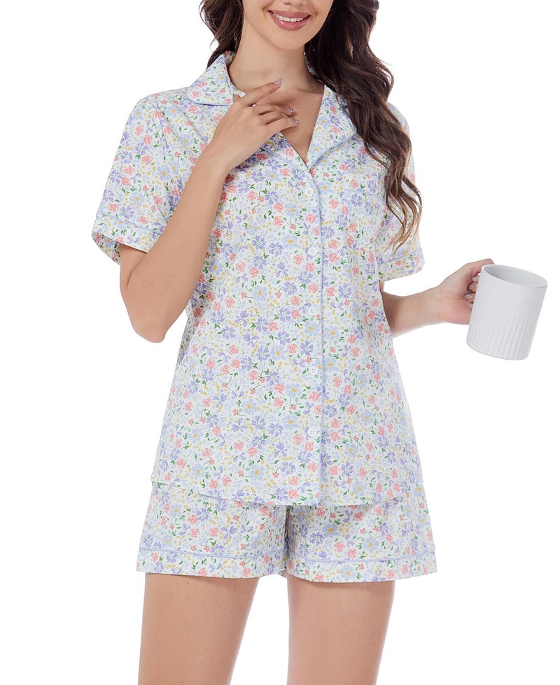 LUBOT 100% Cotton Women's Pajamas Set Button-Down Two-piece PJ Set Short Sleeve Printed Patterned Summer Sleepwear Loungewear (Spring Garden, M) - Image 1