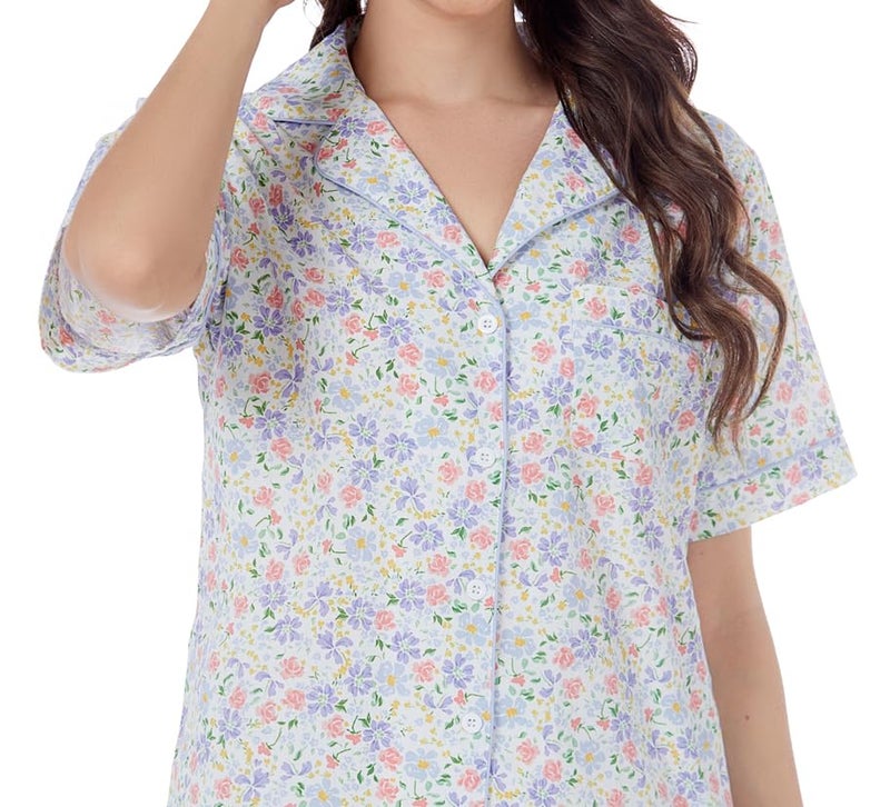 LUBOT 100% Cotton Women's Pajamas Set Button-Down Two-piece PJ Set Short Sleeve Printed Patterned Summer Sleepwear Loungewear (Spring Garden, M) - Image 3