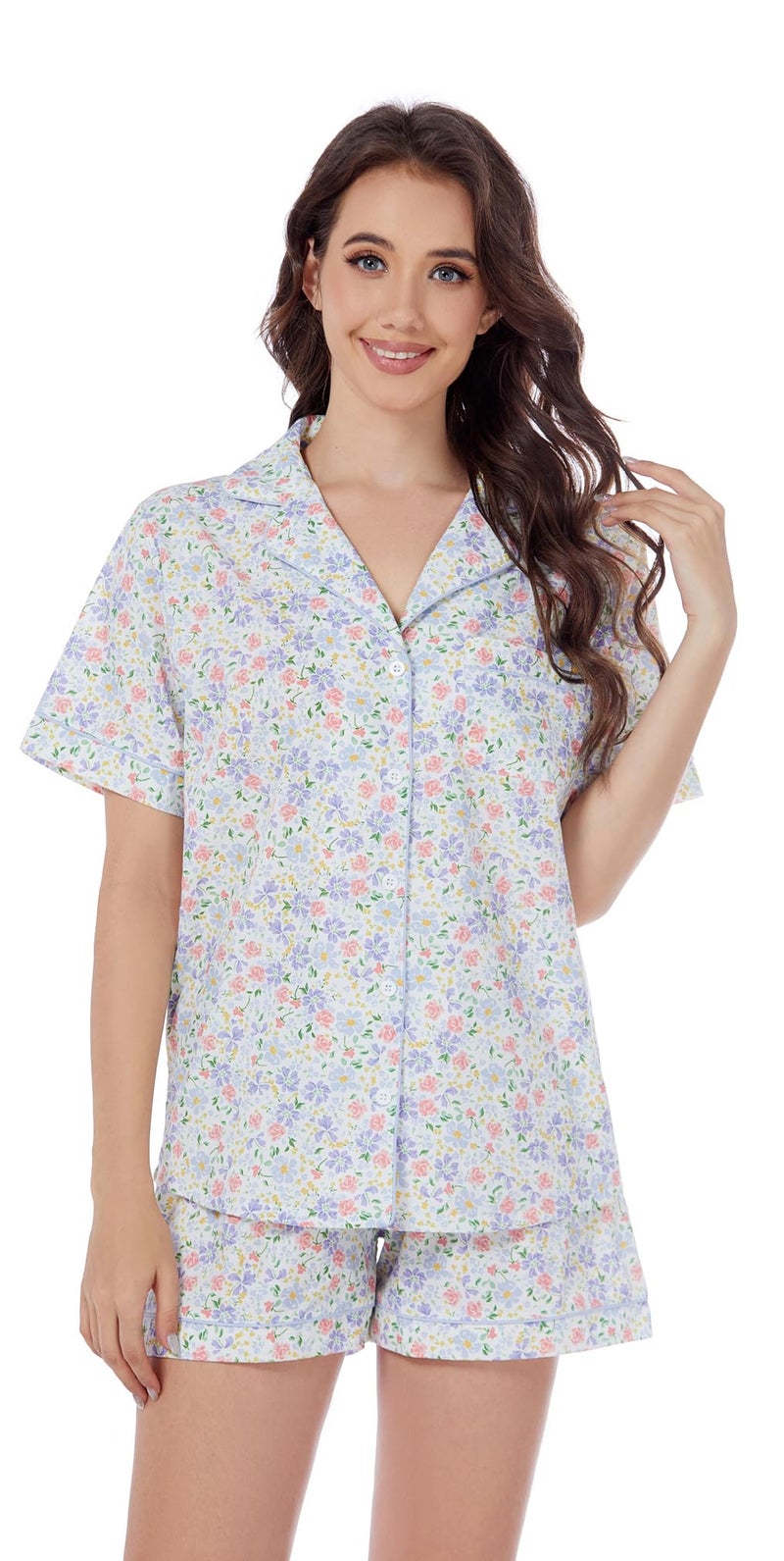 LUBOT 100% Cotton Women's Pajamas Set Button-Down Two-piece PJ Set Short Sleeve Printed Patterned Summer Sleepwear Loungewear (Spring Garden, M) - Image 2