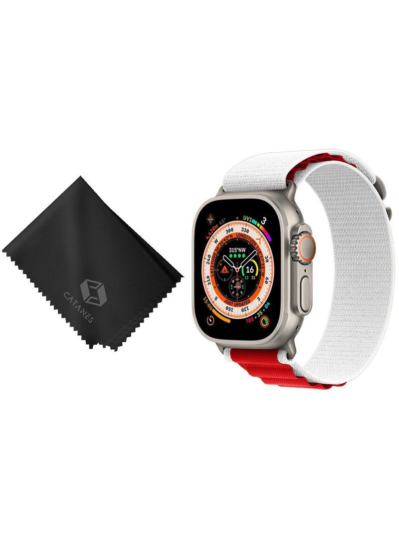 CATANES - 2 Packs Of Apple Watch Band and Microfiber Cloth Alpine Loop Band 49mm 45mm 44mm 42mm Women Men Adjustable with Metal G-Hook Strap for iWatch Ultra Series SE 8/7/6/5/4/3/2/1 White Red - Image 1