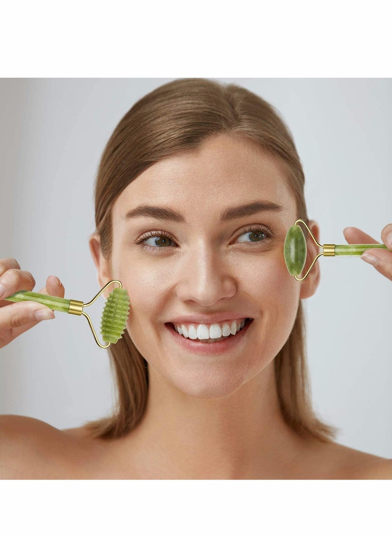 4 Pieces Jade Roller Facial Ridged Roller Kits Skin Roller with Gua Sha Scraping Massage Tools Anti Aging and Wrinkles for Face Eye Neck Good Gift Idea Green Ridged Roller Green Jade Roller - Image 4