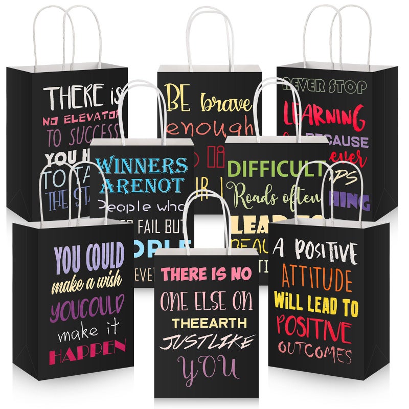 Berlune 24 Pcs Motivational Black Gift Bags with Handles Black Paper Bags Inspirational Quote Small Gift Kraft Paper Pack with Handles for Retail, Business, Party Favors - Image 1