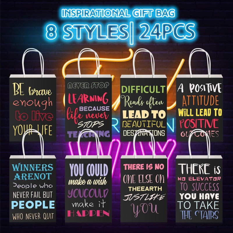Berlune 24 Pcs Motivational Black Gift Bags with Handles Black Paper Bags Inspirational Quote Small Gift Kraft Paper Pack with Handles for Retail, Business, Party Favors - Image 3