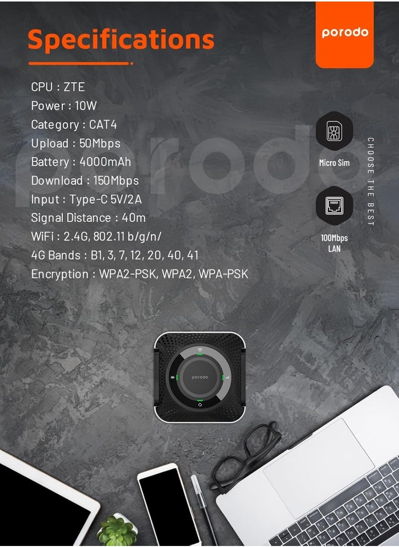 Portable CPE MiFi 3G/4G Wireless Router 4000mAh / 40m Signal Distance / 10 Connected Devices / 100Mbps LAN / Micro SIM - Black/Grey