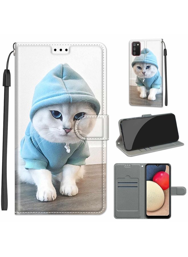 Case Cover For Samsung Galaxy A02s / M02s Voltage Colored Drawing Magnetic Clasp Horizontal Flip PU Leather Case with Holder & Card Slots C15 Blue Sweater White Cat