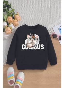 Myada New Season Curious Written Kitten Printed Oversize Hooded Kids Sweatshirt 14609  - Image 1