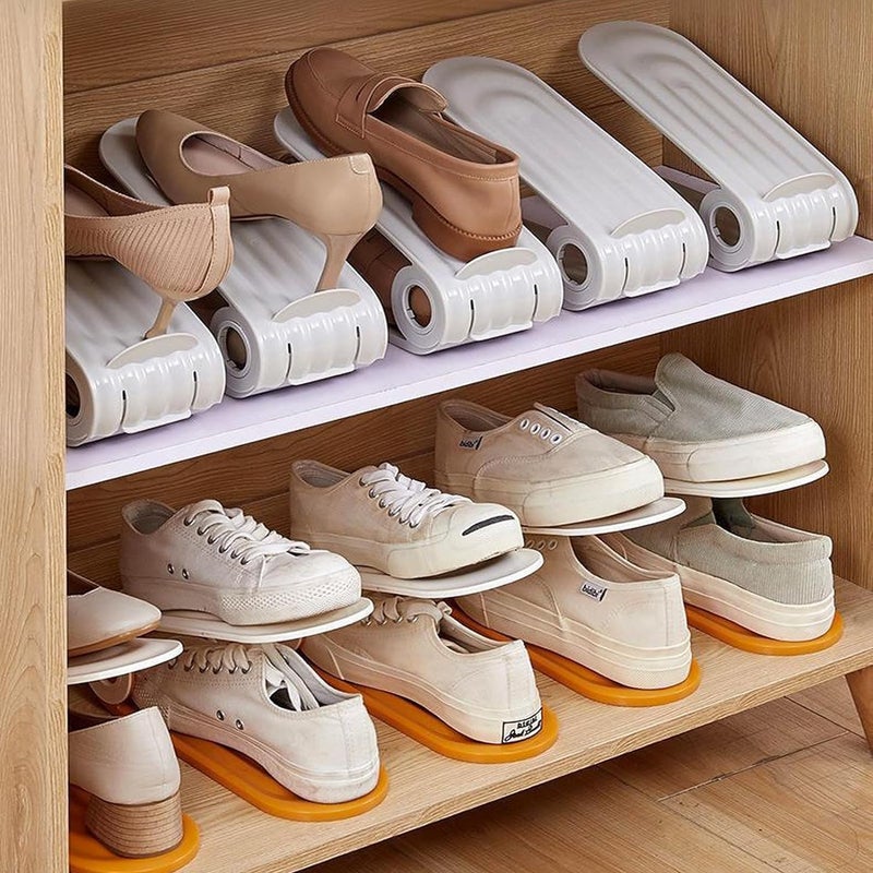 House of Quirk Plastic Shoe Slots Organizer, Adjustable Shoe Rack Stacker Storage Space Saver, Double Deck Shoe Rack Holder For Closet Organization (Orange, Pack Of 6), 26 X 10 Cm