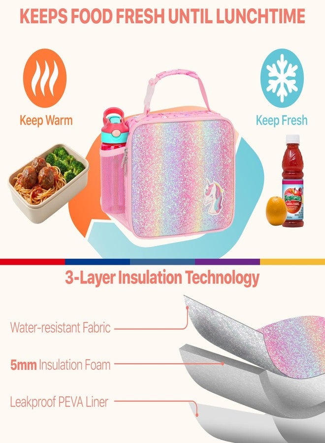 Bagseri Lunch Bag for Girls - Kids Lunch Box for Girls Reusable Leak-Proof and Insulated Kids Lunch Bag With Water Bottle Holder Toddler Lunch Box for Daycare and School, Glitter Pink Unicorn - Image 3