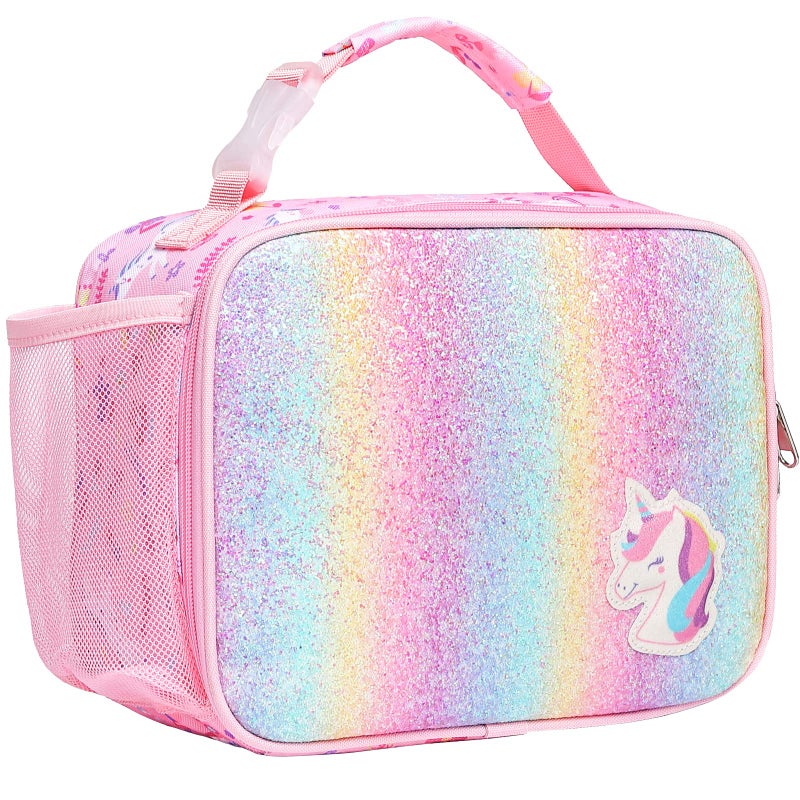 Bagseri Lunch Bag for Girls - Kids Lunch Box for Girls Reusable Leak-Proof and Insulated Kids Lunch Bag With Water Bottle Holder Toddler Lunch Box for Daycare and School, Glitter Pink Unicorn - Image 1