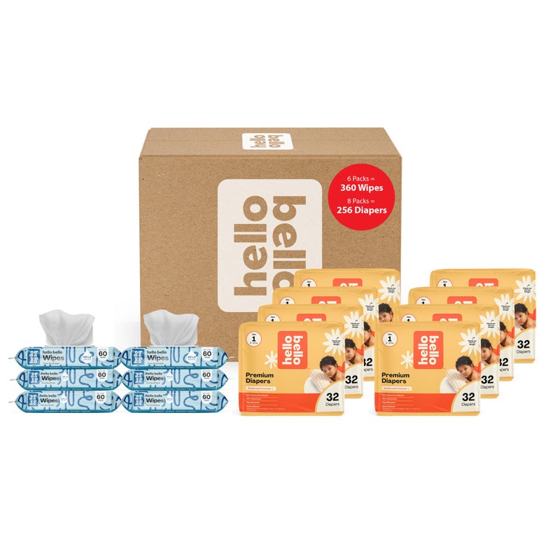 Hello Bello Mega Surprise Pack, Size 1 (8-12 lbs), 256ct Hypoallergenic Assorted Diapers with a Soft, Cloth-Like Feel Plus 360 Ultra Gentle Unscented Baby Wipes in 6 Resealable Packs - Image 1