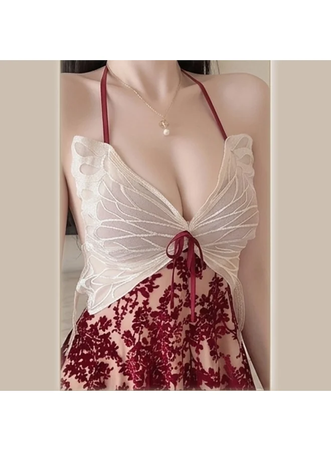 Caprisious  Elegant Butterfly Lace Halter Chemise - Floral Velvet Sleepwear for Women | Best Price UAE