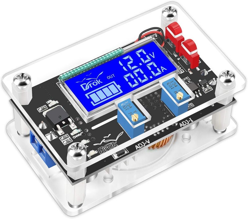 DROK Buck Boost Voltage Regulator, DROK DC 6-30V to DC 0.5-30V 5V 12V 24V Adjustable Voltage Converter, 4A 60W Power Supply Step Up Down Transformer Board Module with USB Port Case LCD Display Volt Am - Image 1