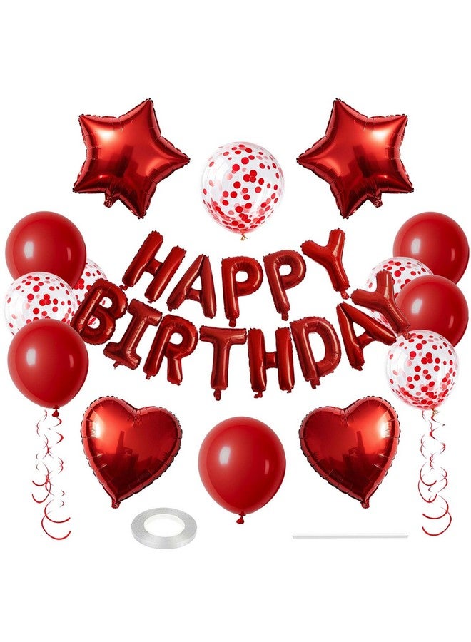 WEIKA 27 Pcs Red Birthday Decorations, 3D Foil Red Happy Birthday Balloon Banner, Pentagram Heart Foil Balloons Confetti Balloons Kit For Boys Girls Birthday Party Supplies - Image 1