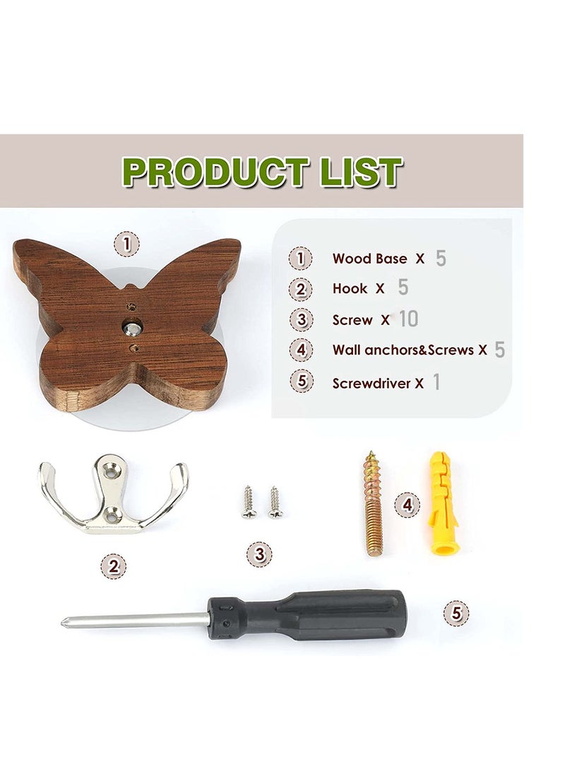 Wood Wall Hooks erfly Hats Keys Towels Purse Backpack Hanger Wall Mounted Adhesive 2 in 1 for Wall Entryway Bathroom Closet Door Mudroom Kitchen 5 PCS - Image 4