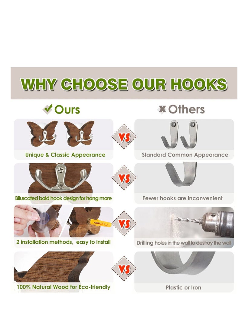 Wood Wall Hooks erfly Hats Keys Towels Purse Backpack Hanger Wall Mounted Adhesive 2 in 1 for Wall Entryway Bathroom Closet Door Mudroom Kitchen 5 PCS - Image 3