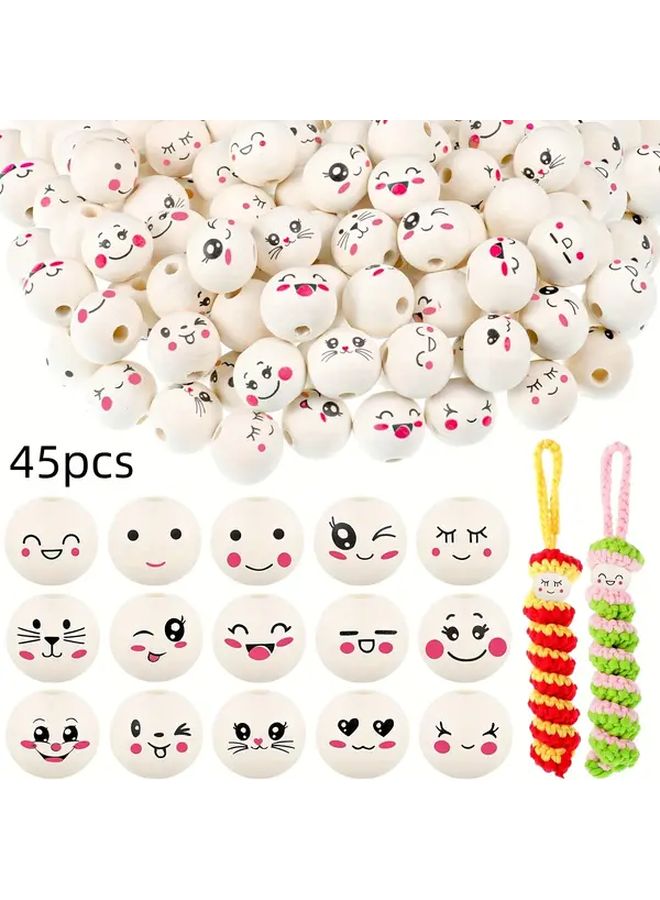 45pcs Wooden Face Beads With 15 Emotion Types For DIY Crafts Sensory Toys - Image 1