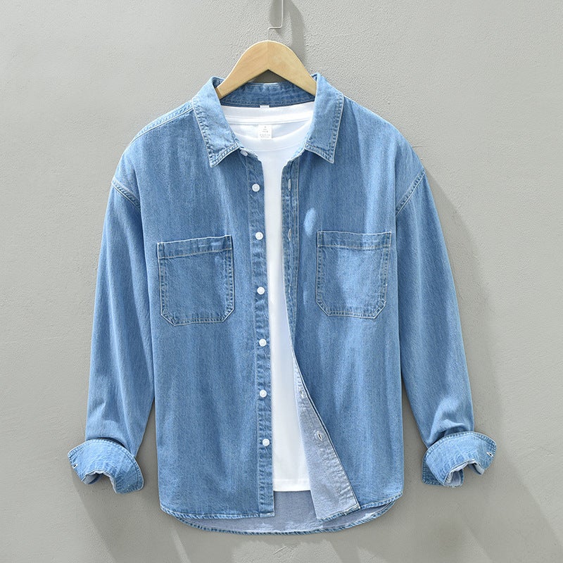 Pure cotton mens Denim shirt coat long sleeve fashion mens tooling shirt loose Japanese casual shirt factory wholesale Dark blue - Image 1
