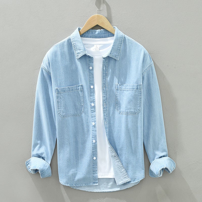 Pure cotton mens Denim shirt coat long sleeve fashion mens tooling shirt loose Japanese casual shirt factory wholesale Dark blue - Image 3